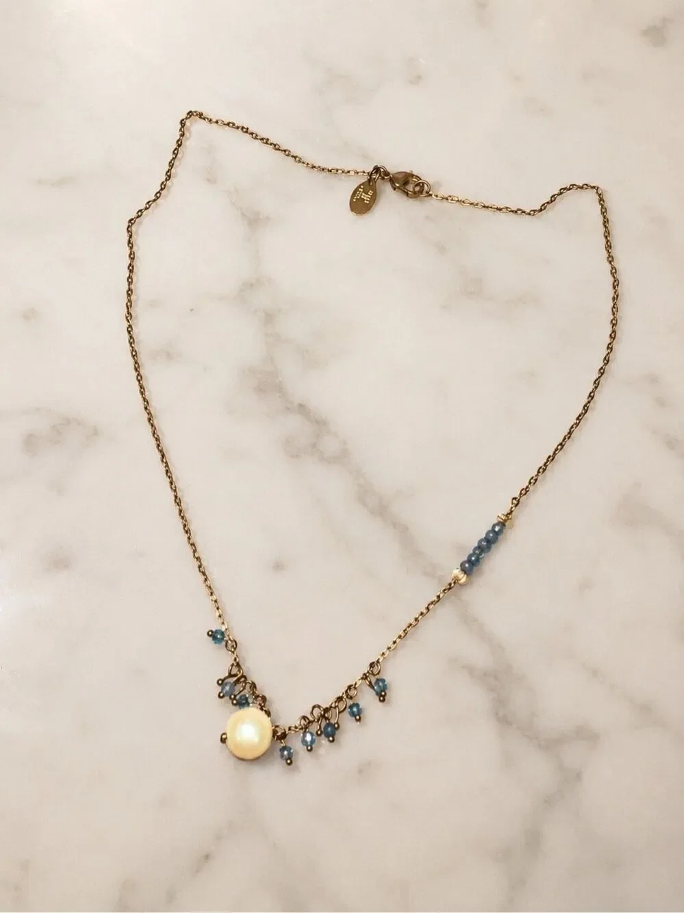 Anthropologie 17” Pearl Blue Beaded Gold Tone Delicate Necklace